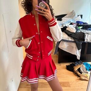 Women's Red and White Varsity Leather Jacket
